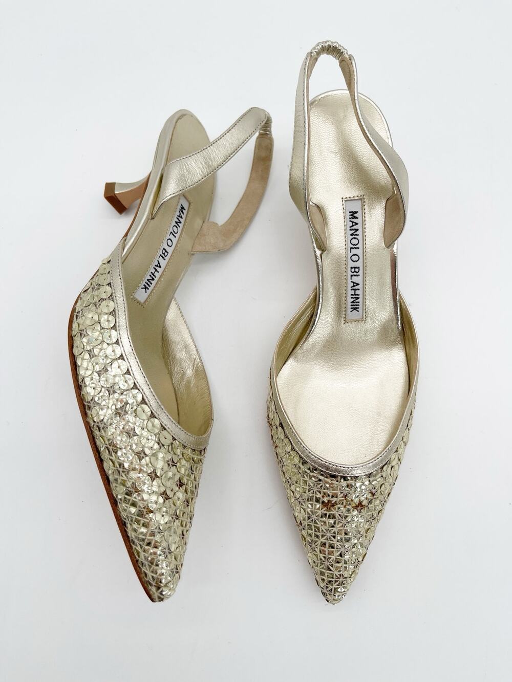 Manolo Blahnik Carolmour Gold Leather Sequin Pointed Toe Slingback Heels IT 35.5
